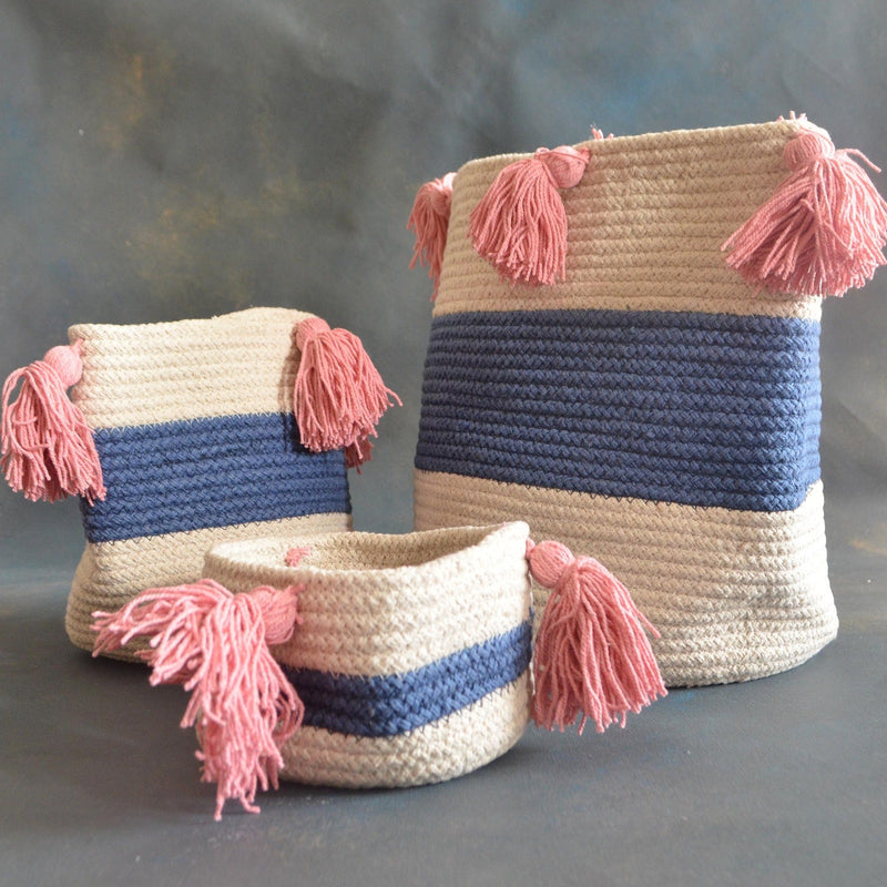 Blue Stripe and Pink Tassel Cotton Baskets-Planter-House of Ekam