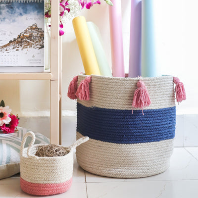Blue Stripe and Pink Tassel Cotton Baskets-Planter-House of Ekam