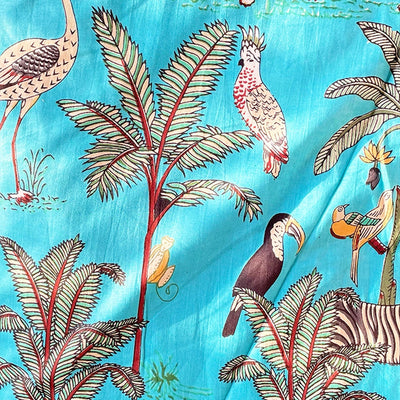 Blue Tropical Safari Hand Screenprinted Cotton Fabric (min. 2m)-fabric-House of Ekam