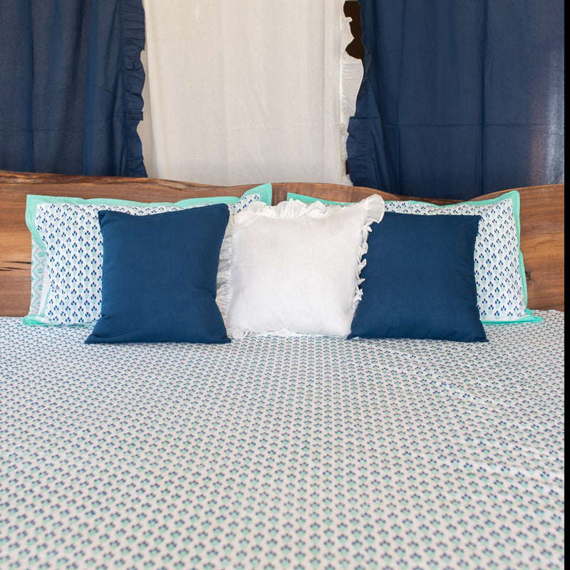 Blue Twig Blockprinted Double Bed Bedsheet-Bedsheets-House of Ekam