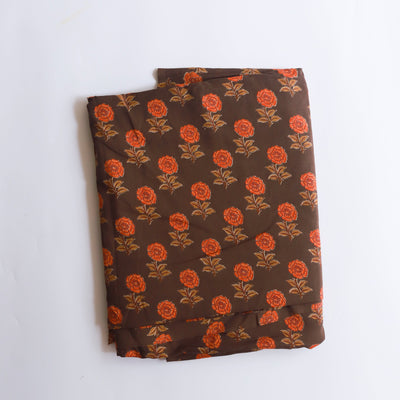 Brown Rose Blockprint Cotton Fabric (min. 2m)-fabric-House of Ekam