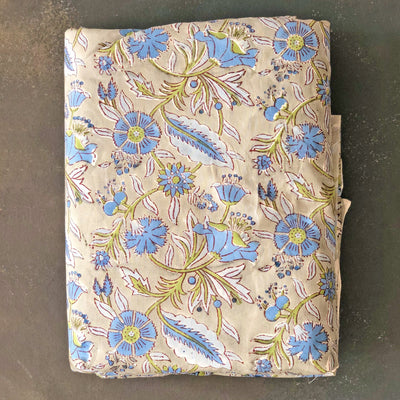Brown and Blue Floral Blockprint Cotton Fabric (min. 2m)-fabric-House of Ekam