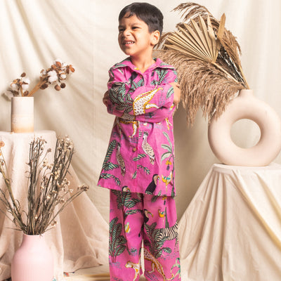 Dark Pink Tropical Safari Screenprint Nightsuit Set-Kidswear-House of Ekam