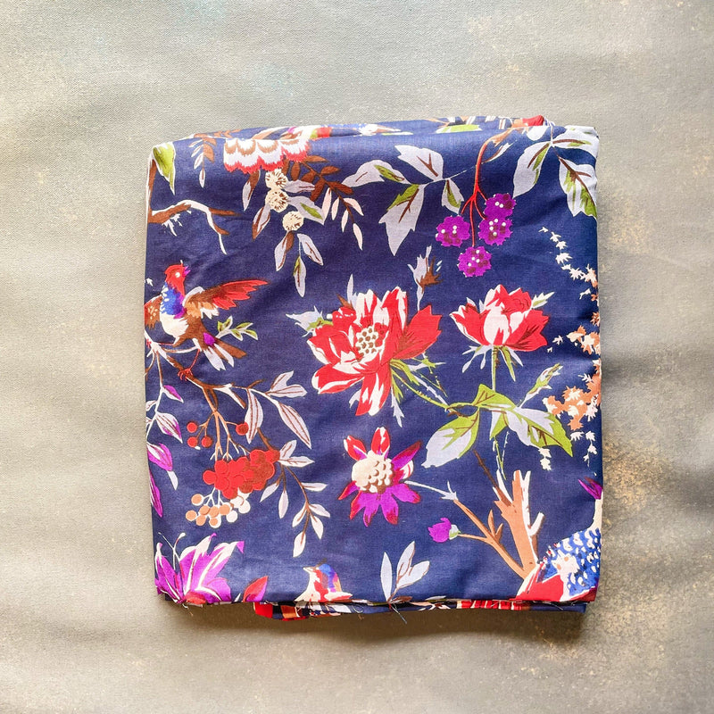 Deep Blue Floral Paradise Screenprint Cotton Fabric (min. 2m)-fabric-House of Ekam
