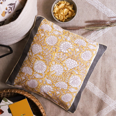 Dopahar Yellow Phoolon ka Jaal Cushion Cover-Cushion Covers-House of Ekam