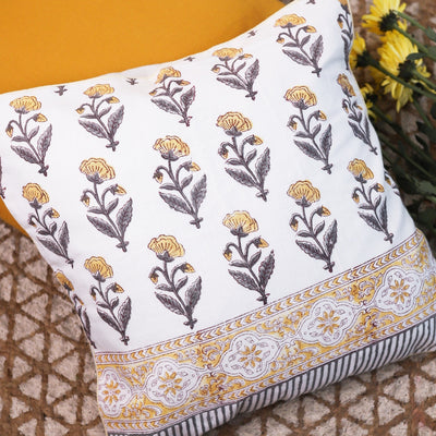 Dopahar Yellow Sanganeri Buti Cushion Cover-Cushion Covers-House of Ekam