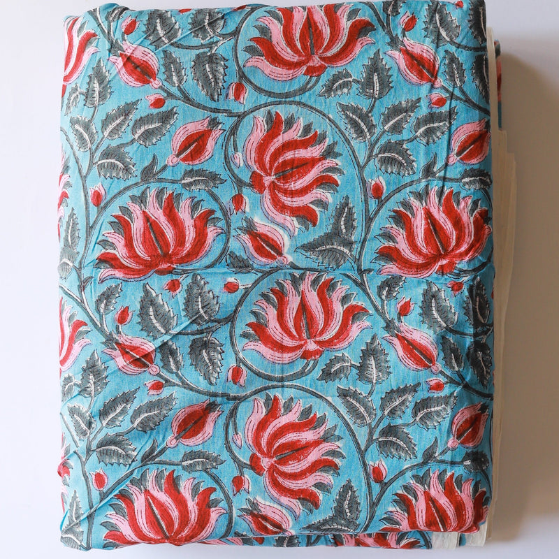 Eclectic Blue Lotus Buti Blockprint Cotton Fabric (min. 2m)-fabric-House of Ekam
