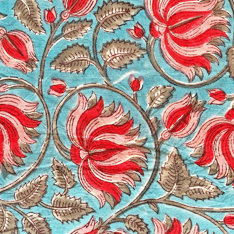 Eclectic Blue Lotus Buti Blockprint Cotton Fabric (min. 2m)-fabric-House of Ekam
