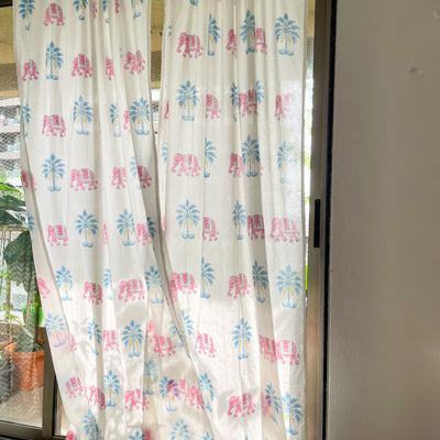Elephant and Palm Tree Blockprint Sheer Curtain-Curtains-House of Ekam
