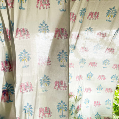 Elephant and Palm Tree Blockprint Sheer Curtain-Curtains-House of Ekam