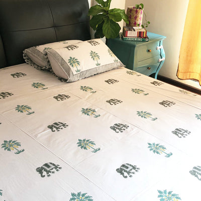 Elephant and Palm Tree Double Bed Bedsheet-Bedsheets-House of Ekam