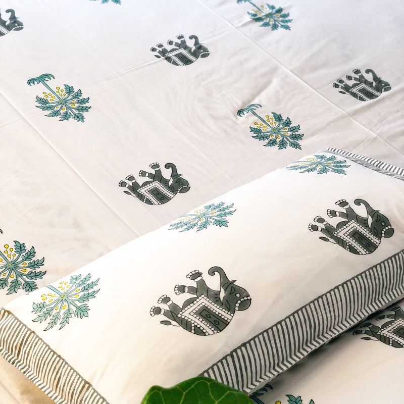 Elephant and Palm Tree Double Bed Bedsheet-Bedsheets-House of Ekam