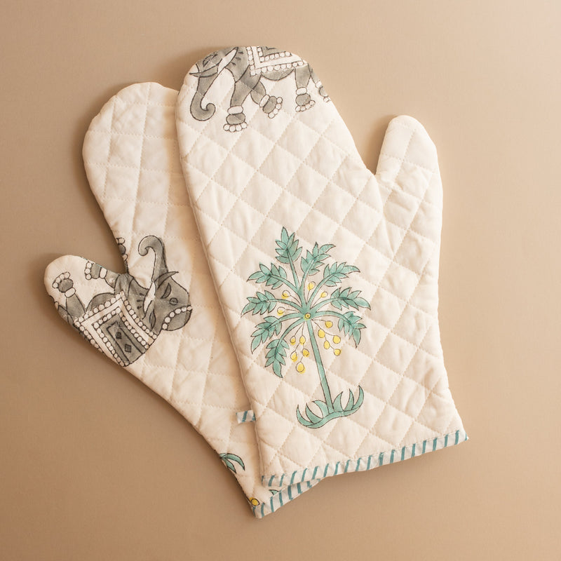 Elephant and Palm Tree Oven Mitts Set of 2-oven mitts-House of Ekam