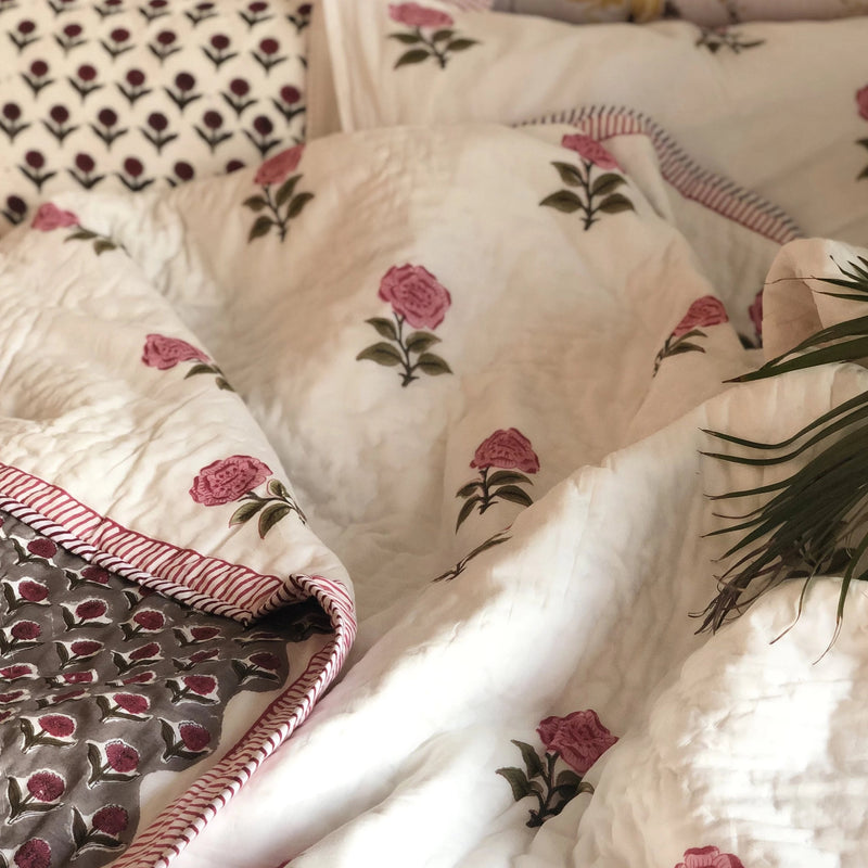 Floral Buti Double Bed Jaipuri Reversible Quilt Set-Quilt Set-House of Ekam