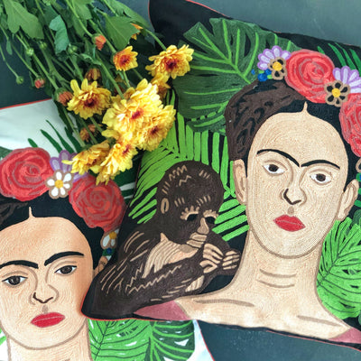 Frida Kahlo Hand Embroidered Cushion Cover-Cushion Covers-House of Ekam