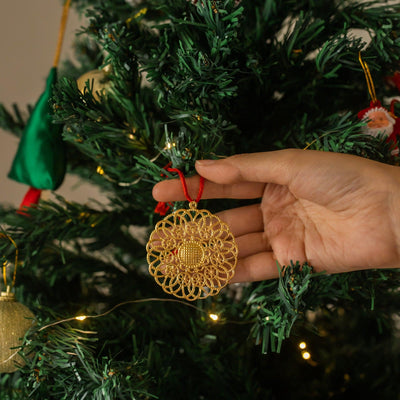 Gold Metal Round Chakra Christmas Ornament Set Of 2-Ornaments-House of Ekam