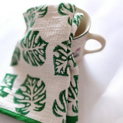 Green Blockprinted Monstera Tea Towel Set-Tea Towels-House of Ekam