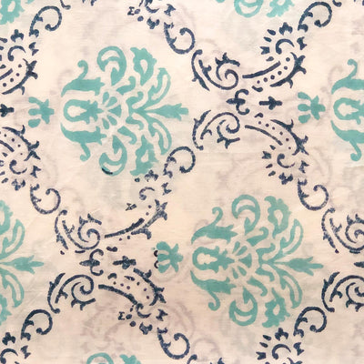 Green & Blue Mughal Bouquet Blockprint Cotton Fabric (min. 2m)-fabric-House of Ekam