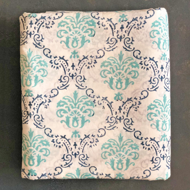 Green & Blue Mughal Bouquet Blockprint Cotton Fabric (min. 2m)-fabric-House of Ekam