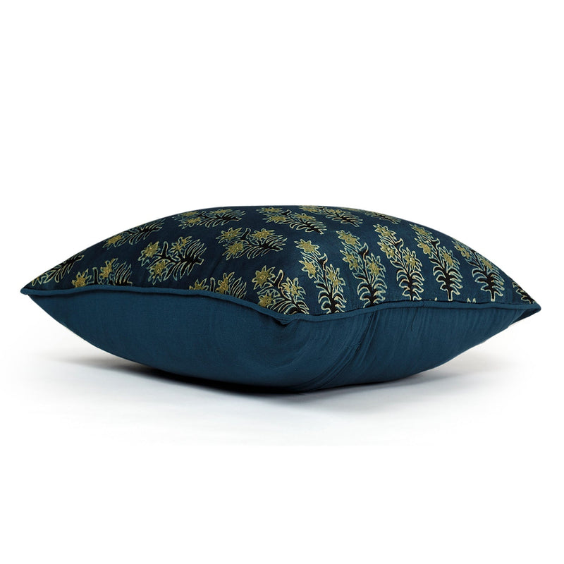 Green Buti Floral Blockprint Mashru Silk Cushion Cover-Cushion Covers-House of Ekam