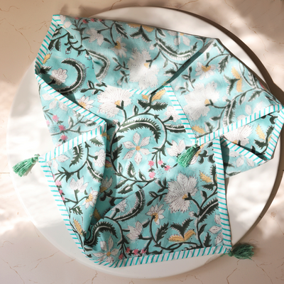Green Gardenia Blockprint Cotton Tea Towel cum Dinner Napkin-Tea Towels-House of Ekam