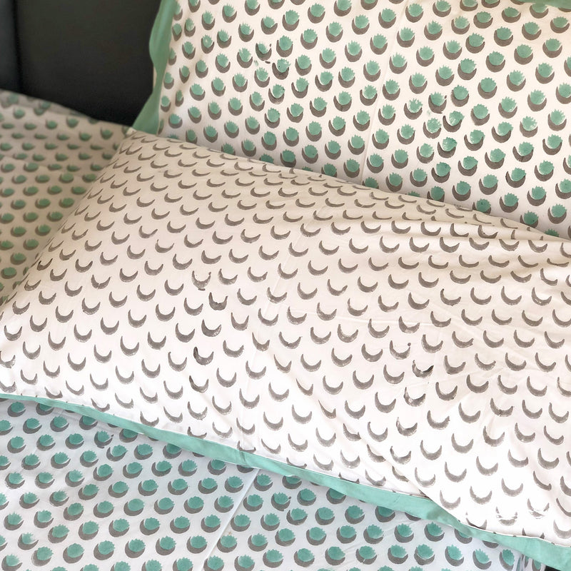Green & Grey Bindi Blockprinted Double Bed Bedsheet-Bedsheets-House of Ekam
