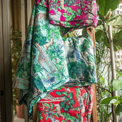 Green Jungle Safari Hand Screenprinted Cotton Fabric-fabric-House of Ekam