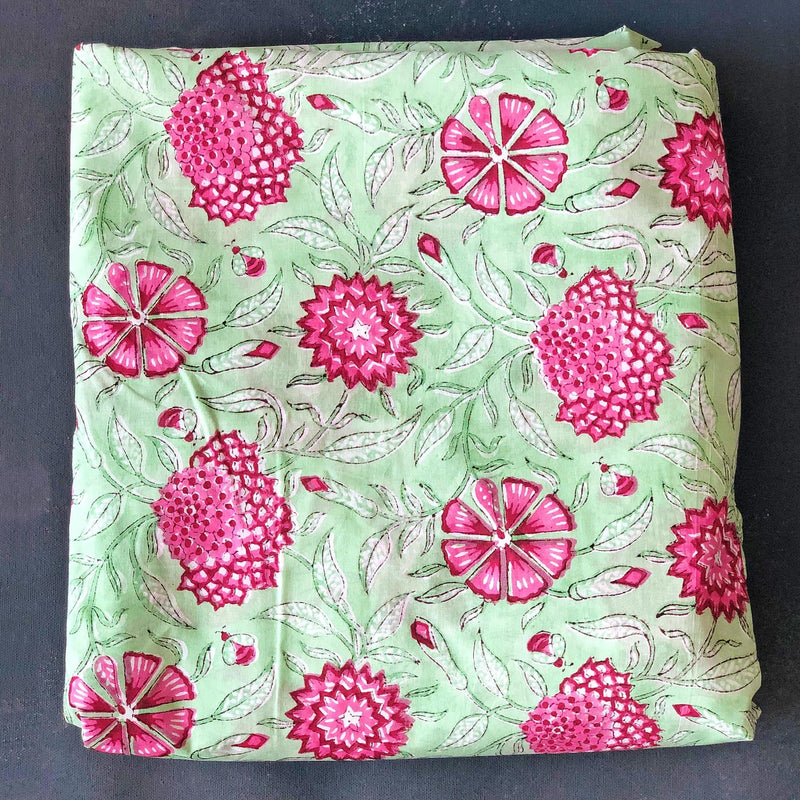 Green & Pink Floral Jaal Blockprint Cotton Fabric-fabric-House of Ekam