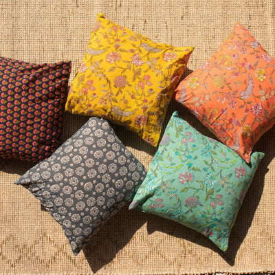 Green Spring Floral Fields Blockprint Print Cushion Cover-Cushion Covers-House of Ekam