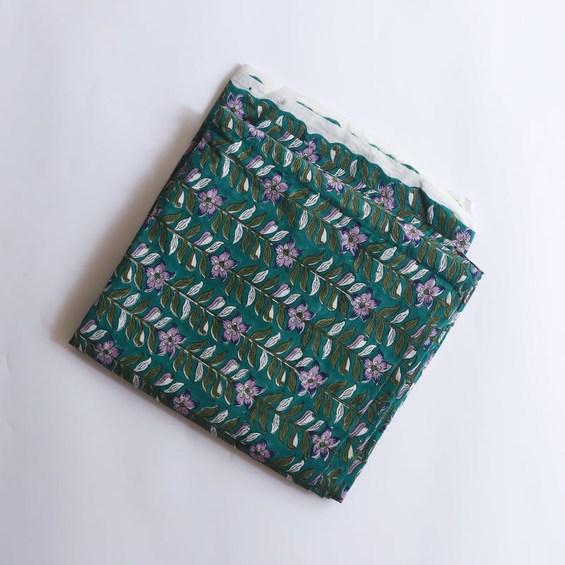 Green String Flowers Blockprint Cotton Fabric (min. 2m)-fabric-House of Ekam