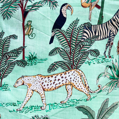 Green Tropical Safari Hand Screenprinted Cotton Fabric (min. 2m)-fabric-House of Ekam