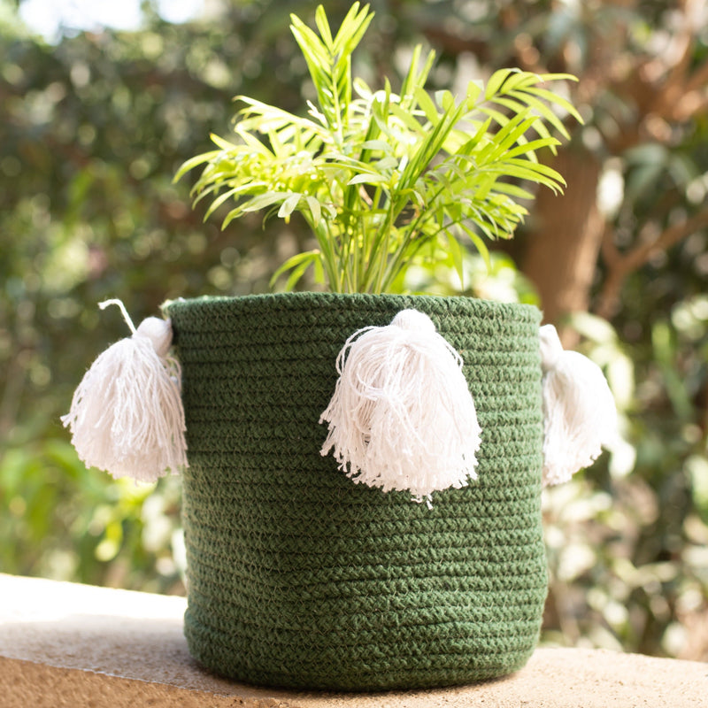 Green White Tassel Cotton Baskets-Planter-House of Ekam