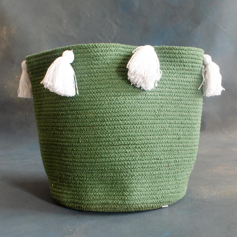 Green White Tassel Cotton Baskets-Planter-House of Ekam