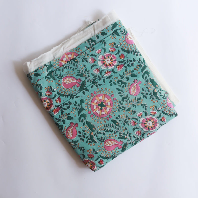 Green and Pink Anaar Blockprint Cotton Fabric (min. 2m)-fabric-House of Ekam
