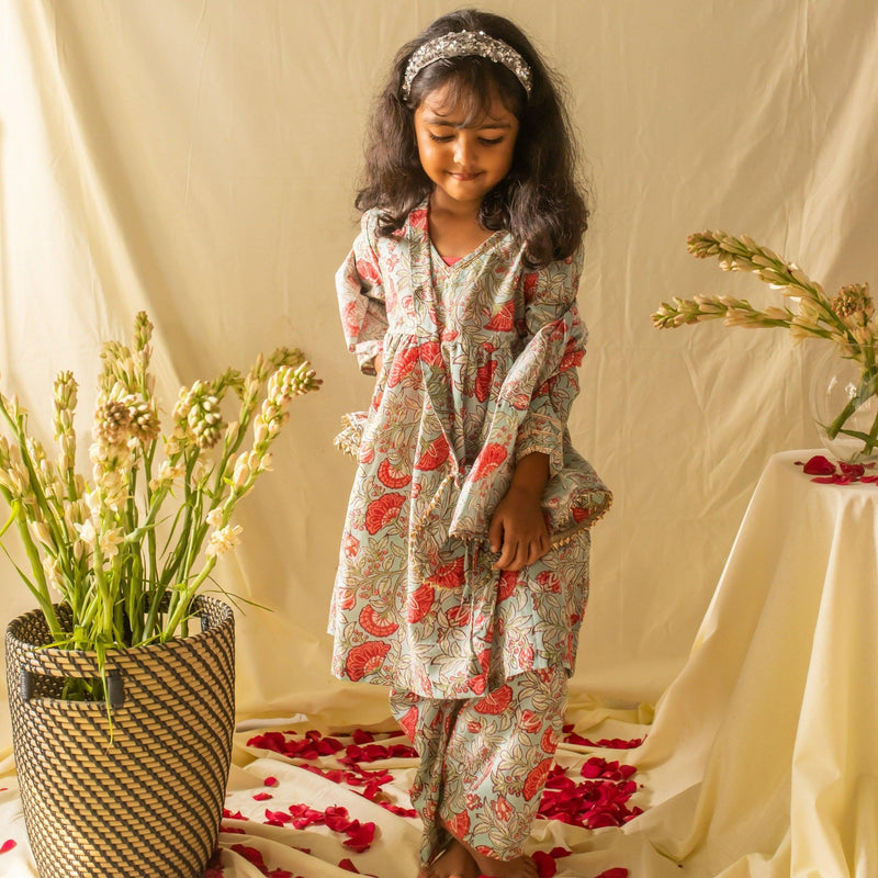 Green and Red Pastel Floral Gota Suit Set with Dupatta and Potli-Kidswear-House of Ekam