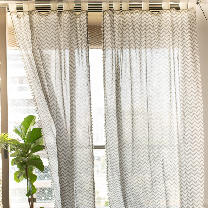 Grey Chevron Blockprint Sheer Curtain-Curtains-House of Ekam