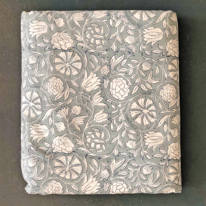 Grey Floral Blockprint Cotton Fabric (min. 2m)-fabric-House of Ekam