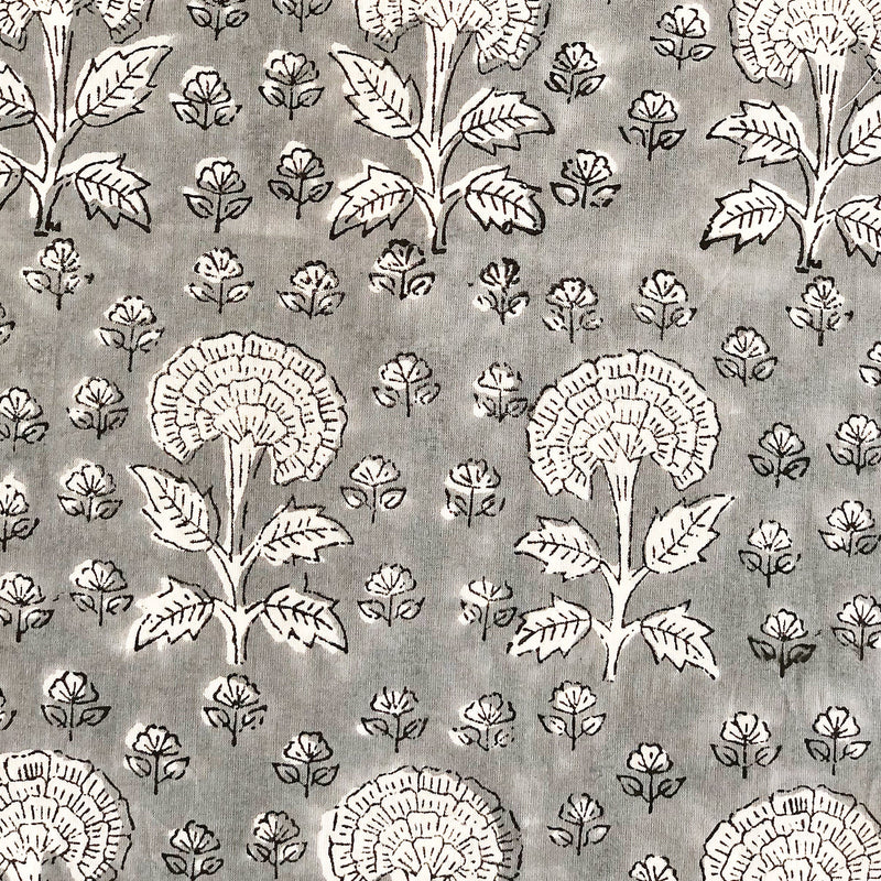 Grey Floral Buti Blockprint Cotton Fabric-fabric-House of Ekam
