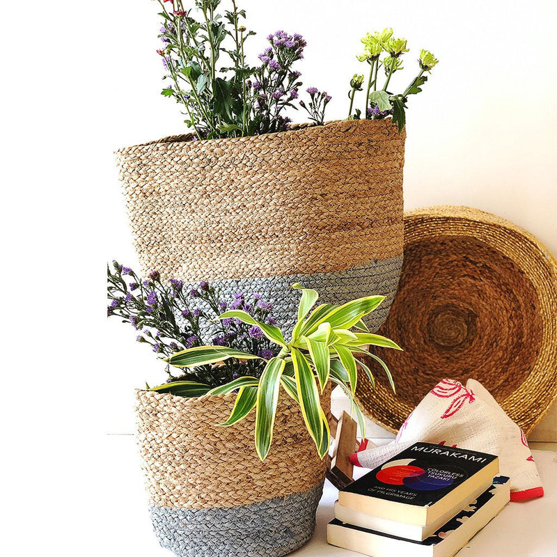 Grey Jute Planter Cum Storage Basket (S,M,L)-Jute Planters Cum Storage Baskets-House of Ekam