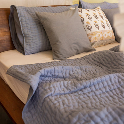 Grey Solid Kantha Stitch Bedcover/Quilt Set-Quilt Set-House of Ekam