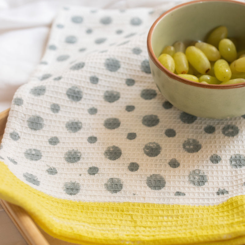 Grey & Yellow Blockprinted Polka Tea Towel-Tea Towels-House of Ekam