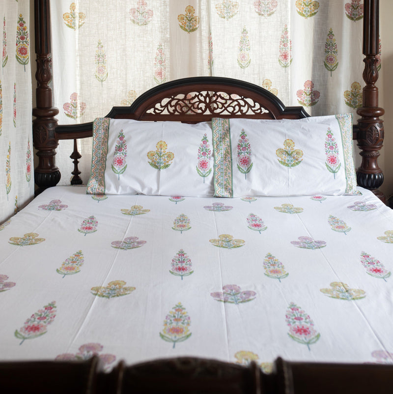Guldasta Cypress Poppy Blockprint Double Bedsheet With Pillow Cover-Bedsheets-House of Ekam