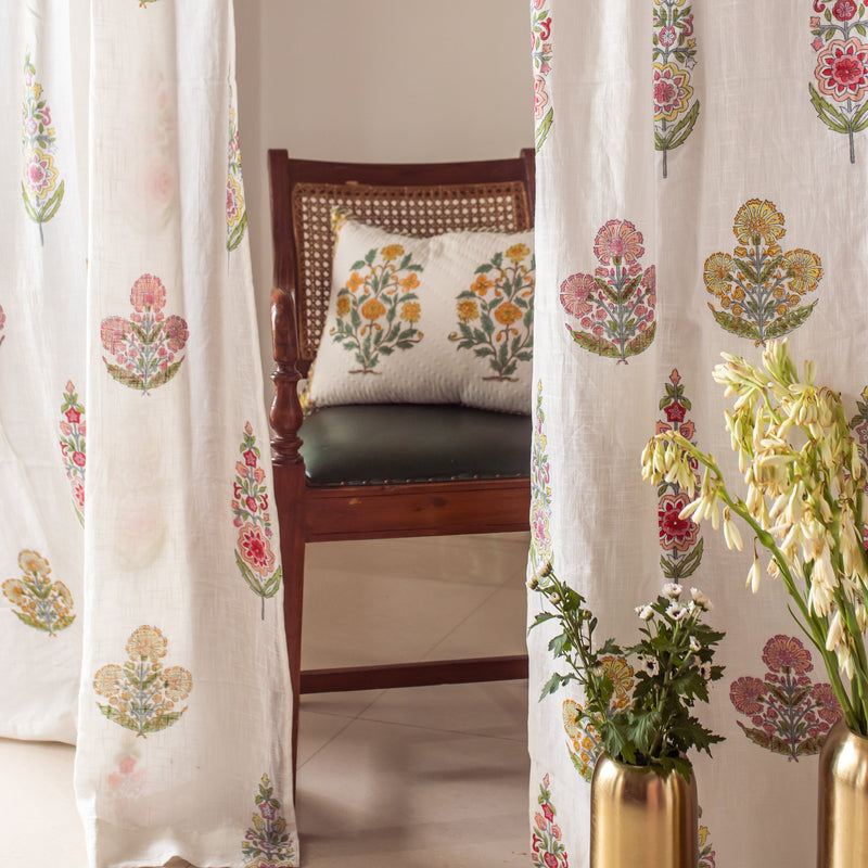 Guldasta Cypress Poppy Blockprint Sheer Curtain-Curtains-House of Ekam