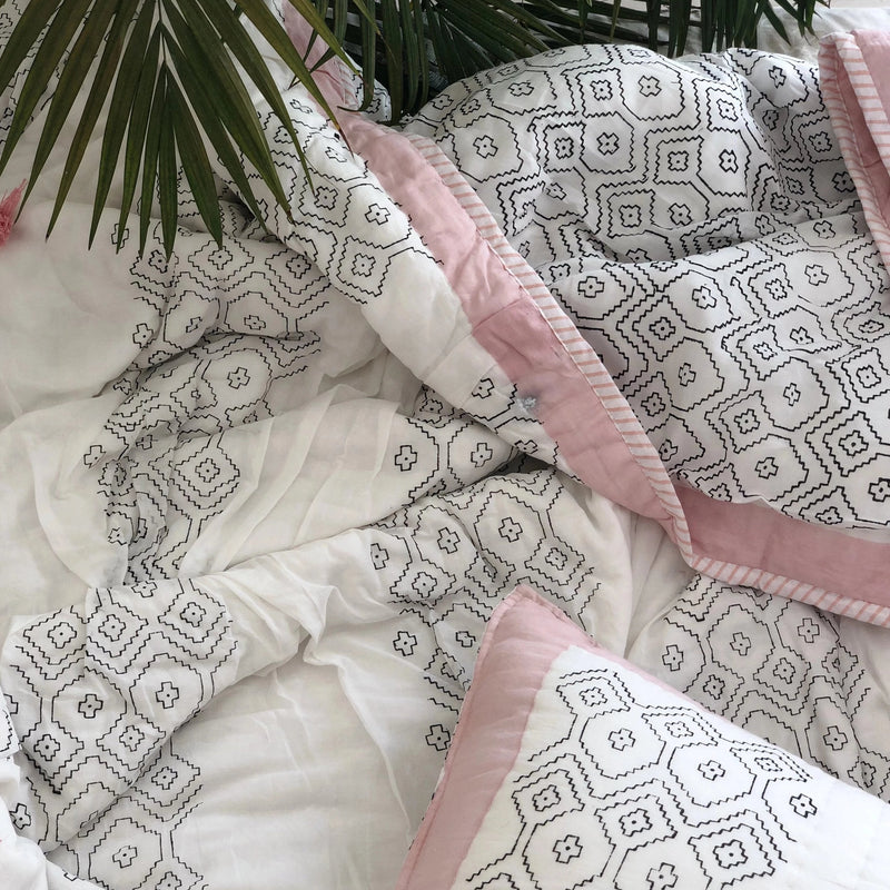 Ikat Embroidered Double Bed Jaipuri Reversible Quilt Set-Quilt Set-House of Ekam