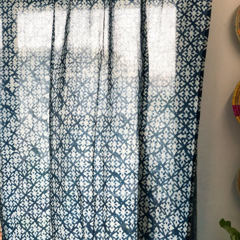 Indigo Abstract Blockprint Semi Sheer Curtain-Curtains-House of Ekam