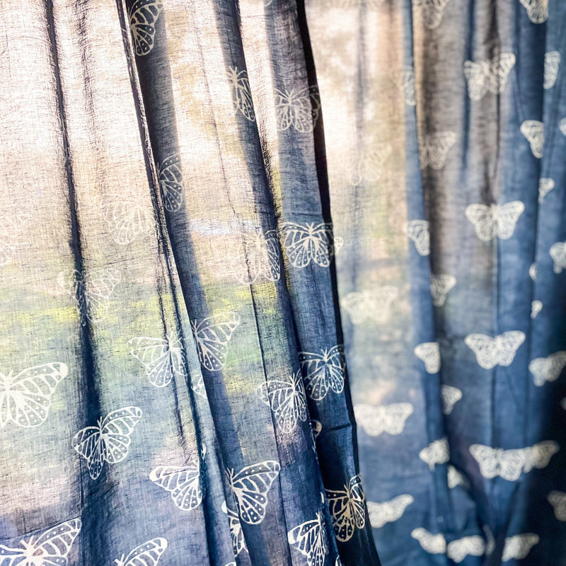 Indigo Butterfly Blockprint Semi Sheer Curtain-Curtains-House of Ekam