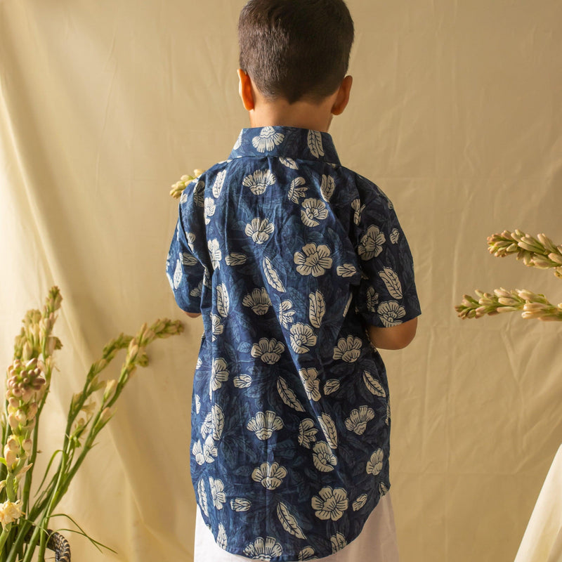 Indigo Dabu Floral Blockprint Boys Shirt-Kidswear-House of Ekam