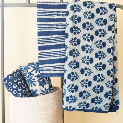 Indigo Dabu Floral Jaal Blockprint Cotton Fabric (min. 2m)-fabric-House of Ekam