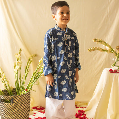 Indigo Dabu Flower Printed Boys Gota Kurta with Pyjama-Kidswear-House of Ekam