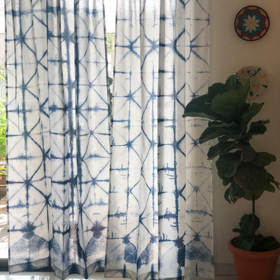Indigo Diamond Hand Tie Dye Semi Sheer Curtains-Curtains-House of Ekam